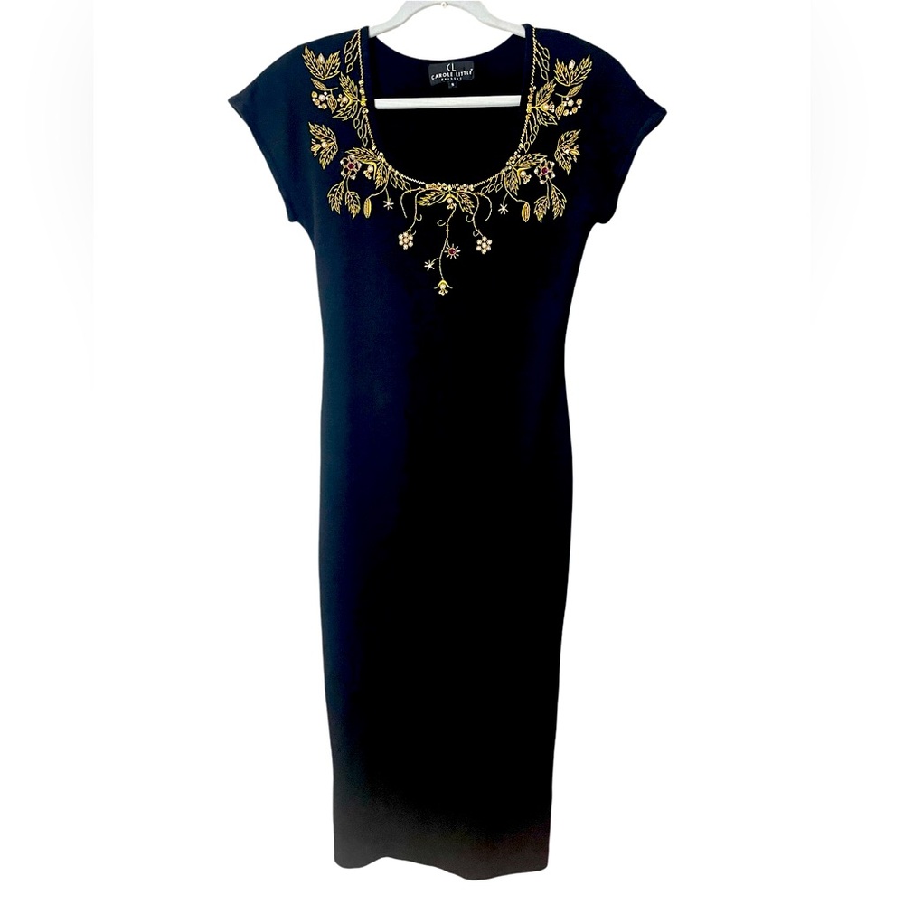 Carole Little Vintage Maxi Sweater Dress Black Embroidered Beaded  SZ S EUC